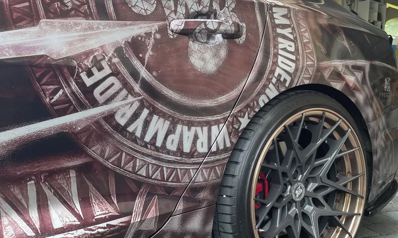 BMW custom livery steampunk wrap top view with forged wheels — Wrap My Ride Putte