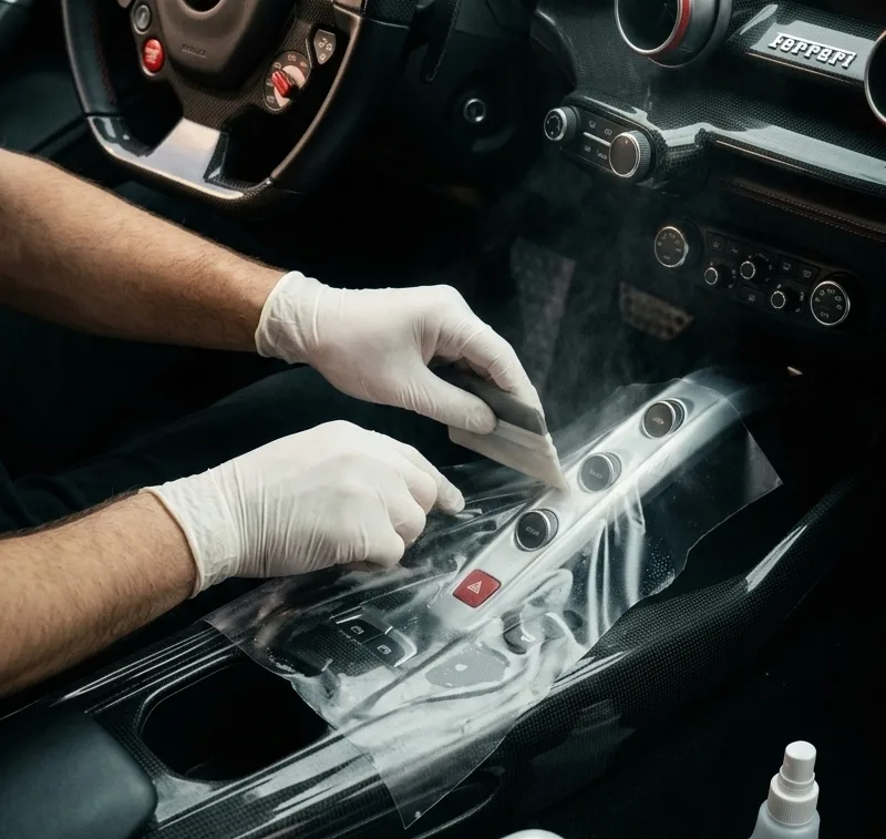 Ferrari interior PPF paint protection film application on console — Wrap My Ride Putte